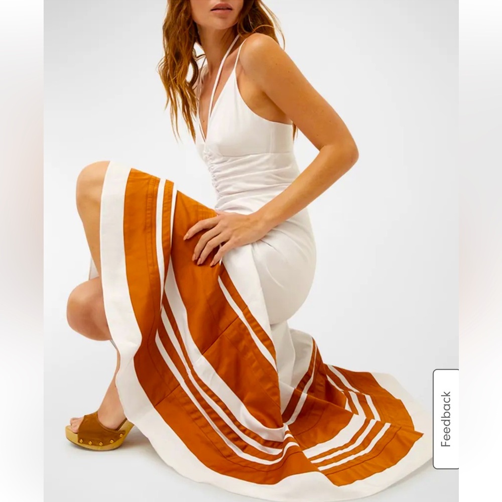 Veronica Beard White and Rust-Orange Striped Midi Dress